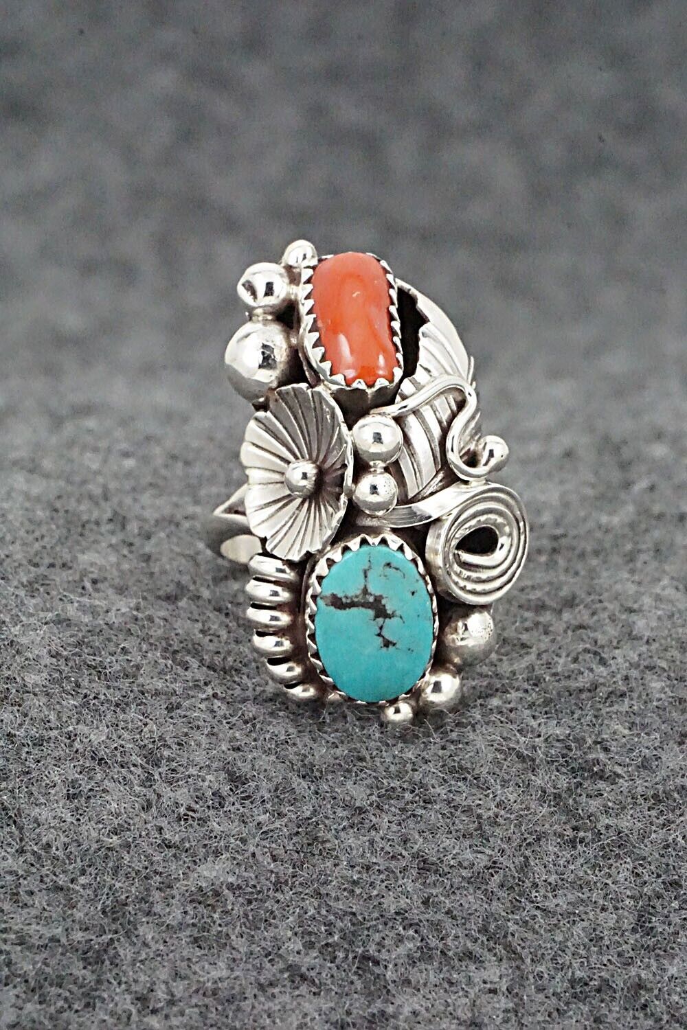Turquoise, Coral & Sterling Silver Ring - Max Calladitto - Size 5.5