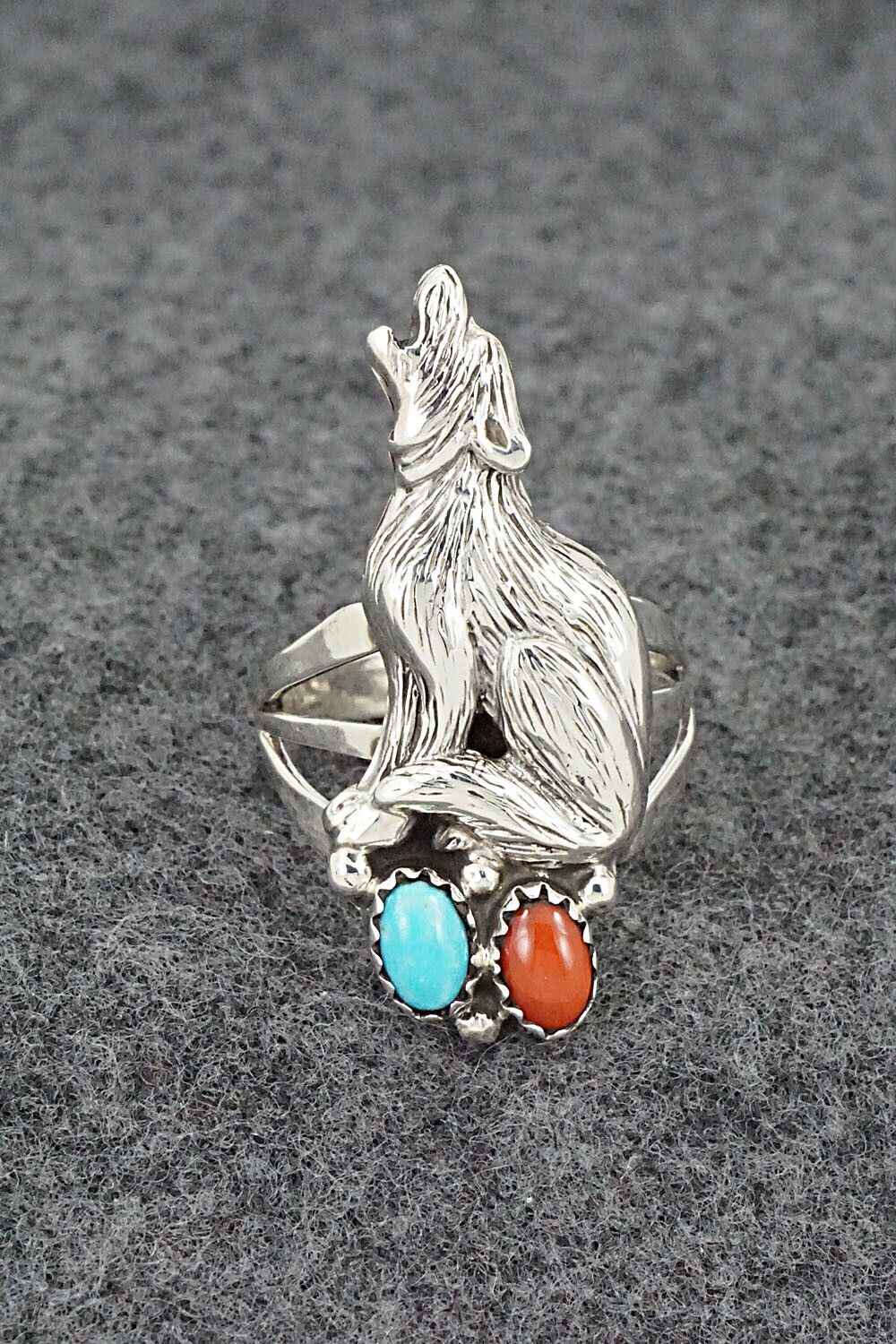 Turquoise, Coral & Sterling Silver Ring - Jerryson Henio - Size 7.5