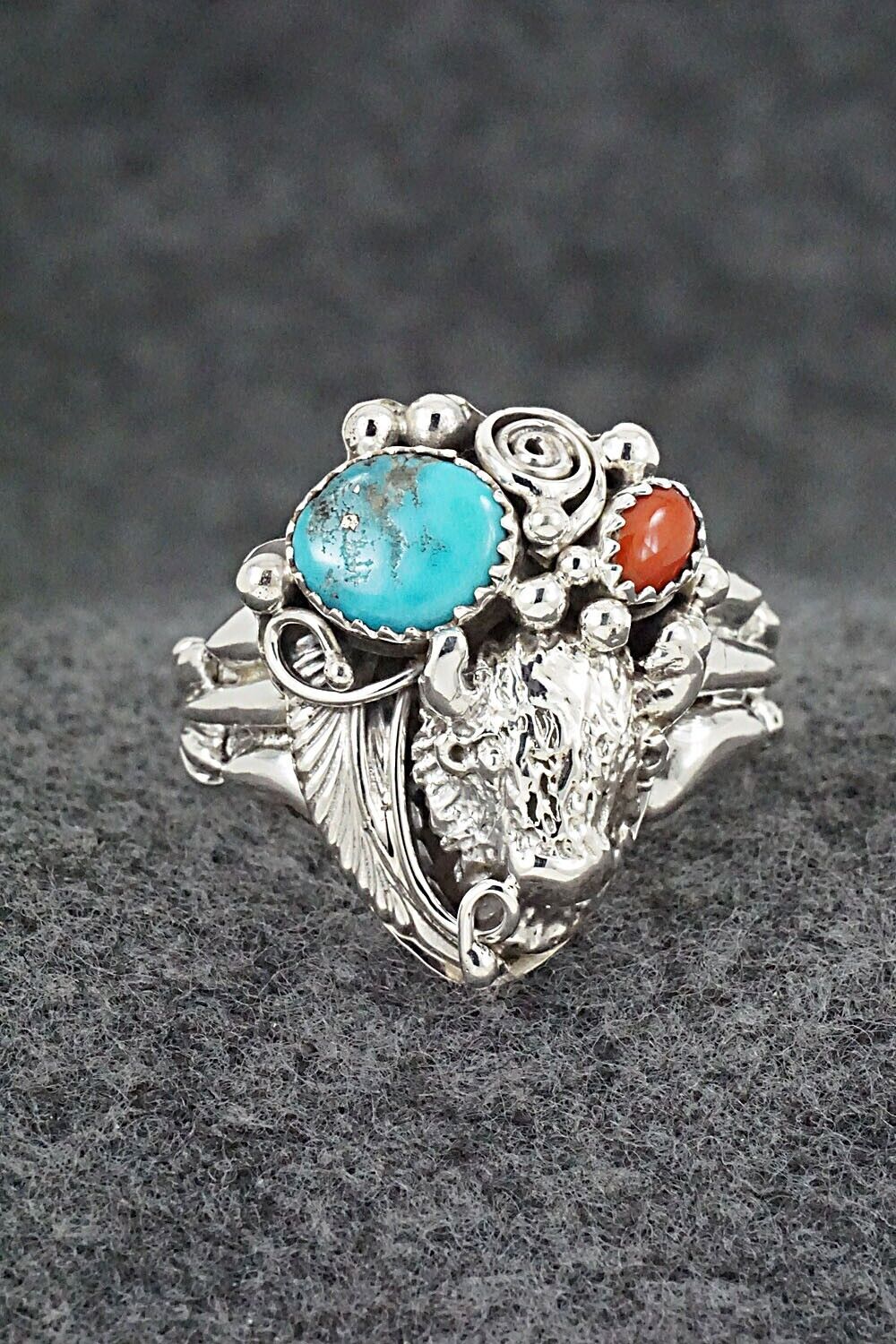 Turquoise, Coral & Sterling Silver Ring - Jeannette Saunders - Size 12