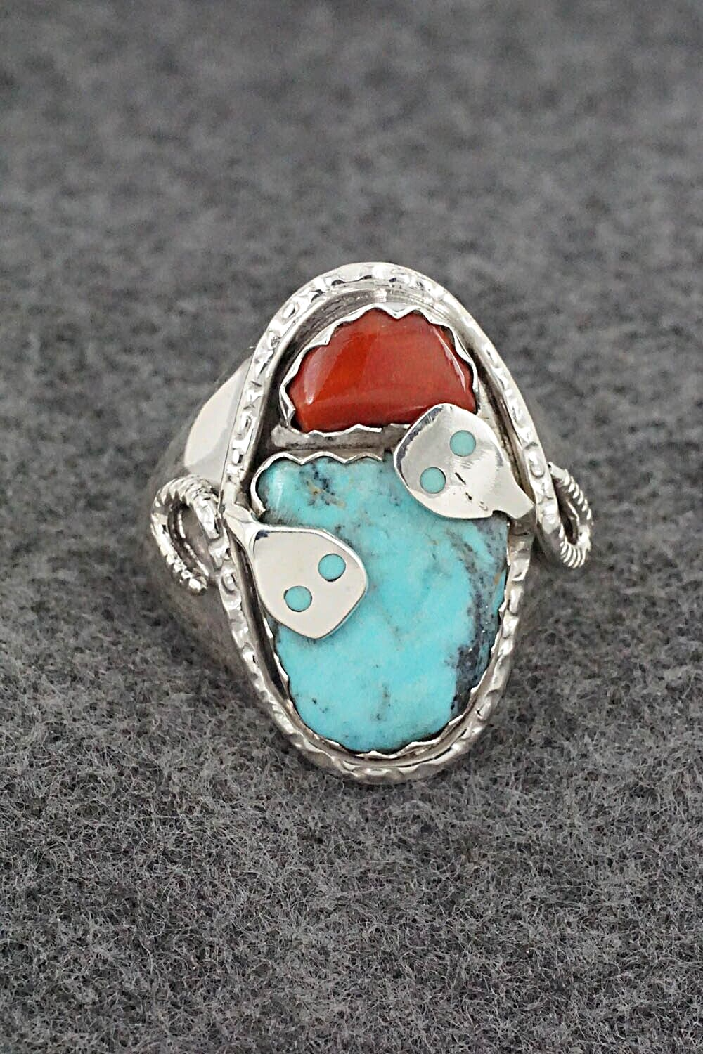 Turquoise, Coral & Sterling Silver Ring - Joy Calavaza - Size 11.5