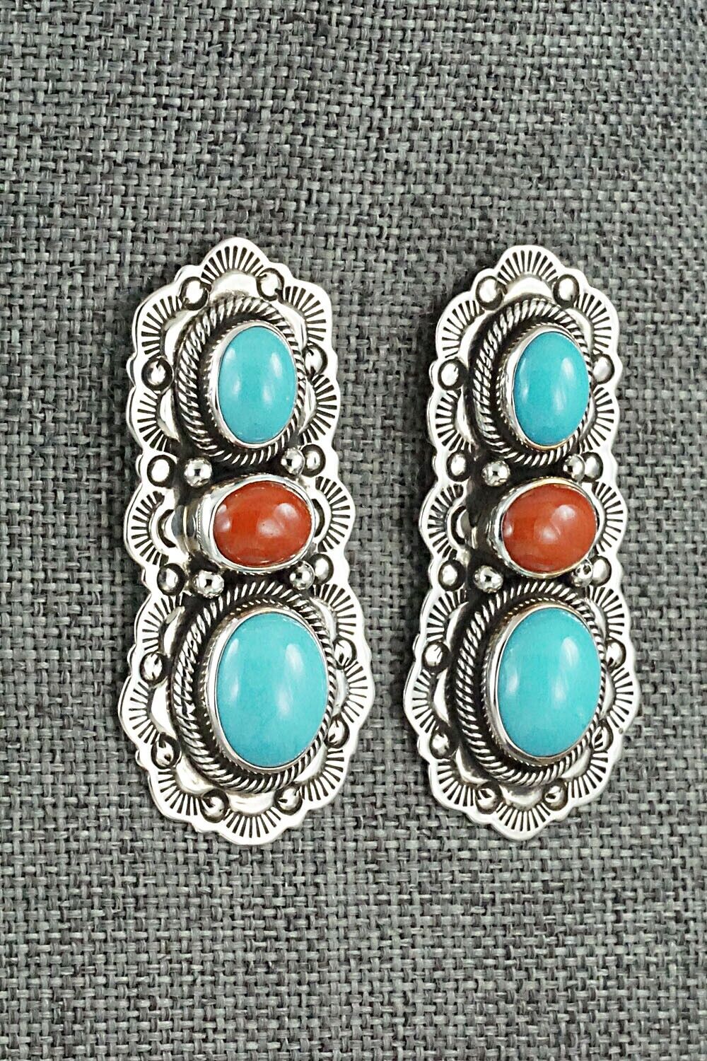 Turquoise, Coral & Sterling Silver Earrings - Bernyse Chavez