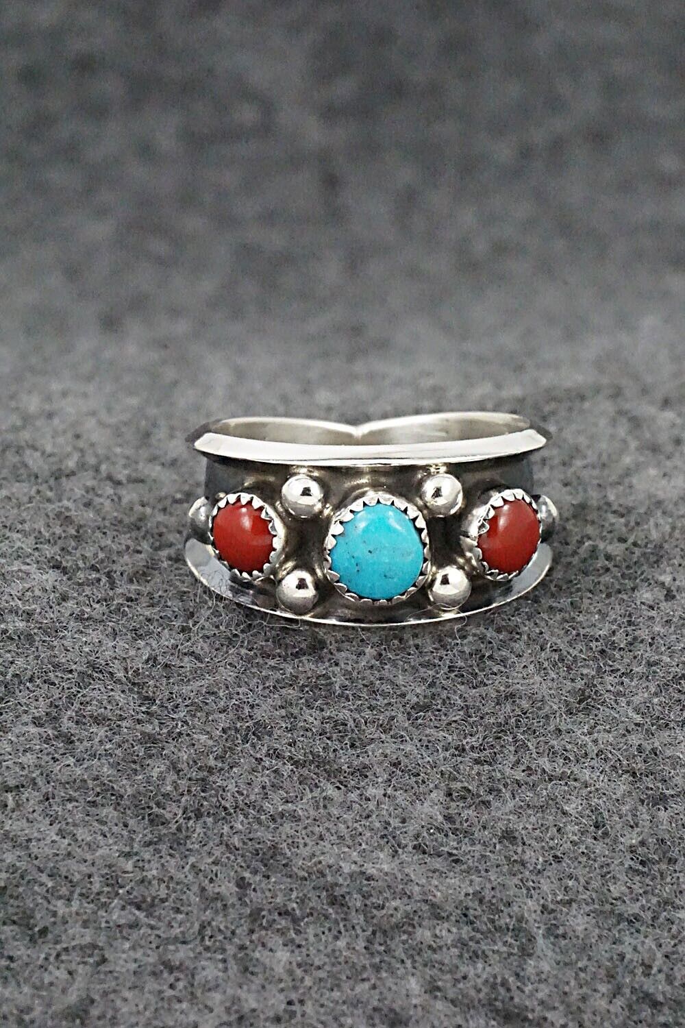 Turquoise, Coral & Sterling Silver Ring - Paul Largo - Size 9.5