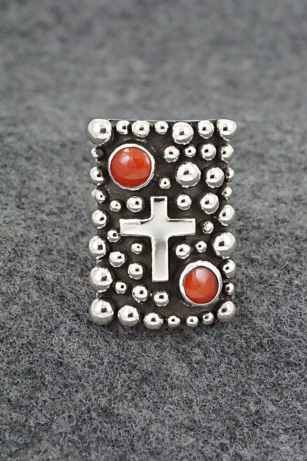 Coral and Sterling Silver Ring - Raymond Coriz - Size 7.5 Adj.