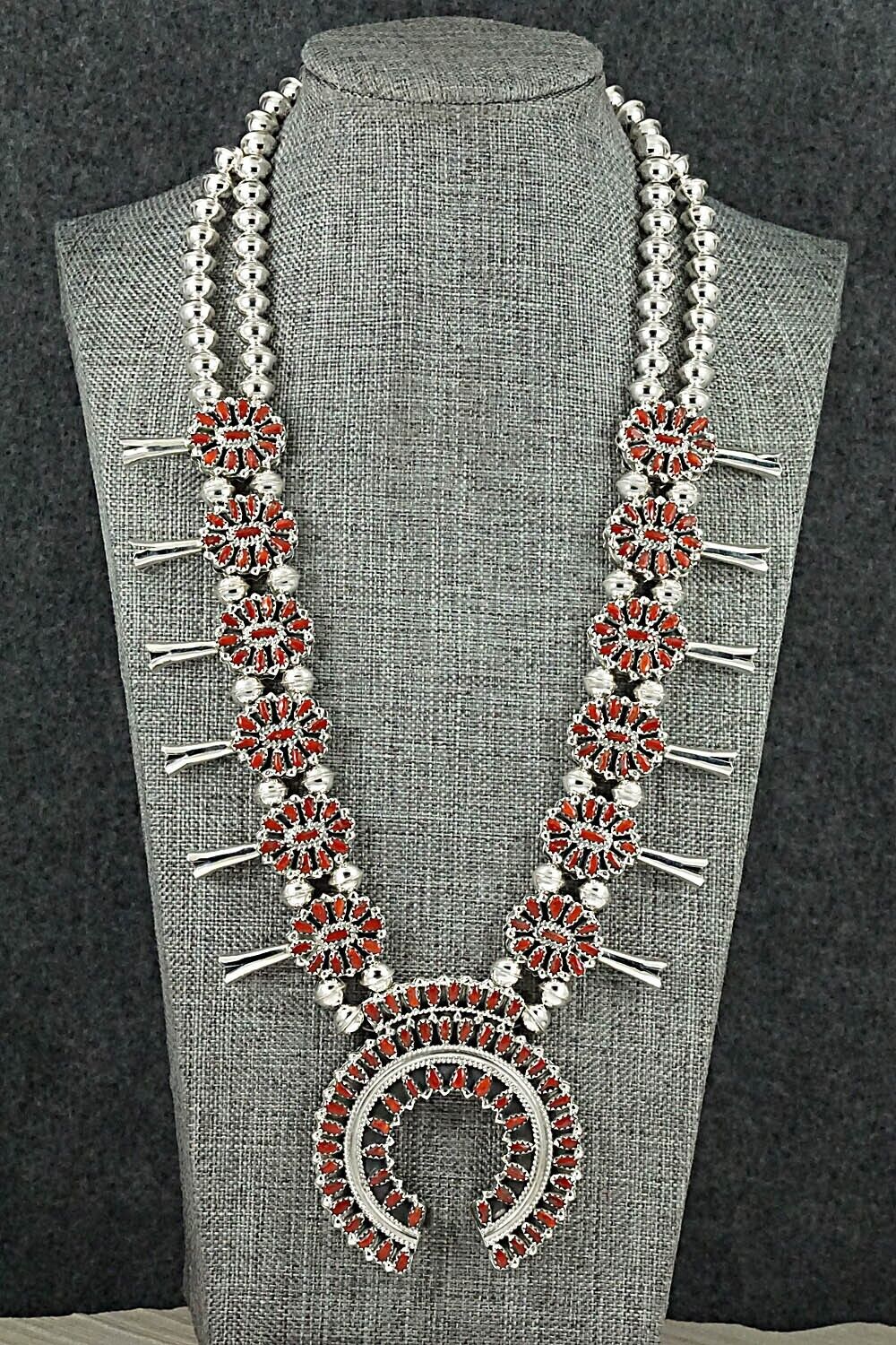 Turquoise, Coral & Sterling Silver Squash Blossom Set - Elton Jones