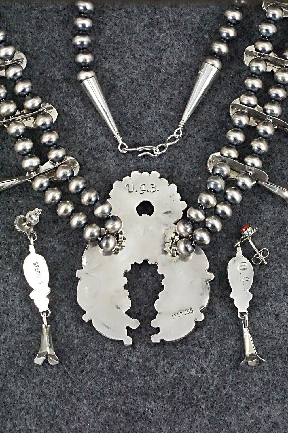 Coral & Sterling Silver Squash Blossom and Earrings Set - Vie Bobelu