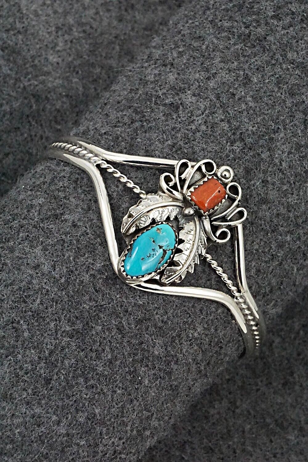 Turquoise, Coral & Sterling Silver Bracelet - Harry Yazzie