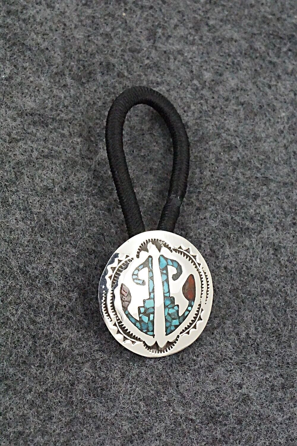 Turquoise, Coral Chip Inlay & Sterling Silver Hair Tie - Joleen Yazzie