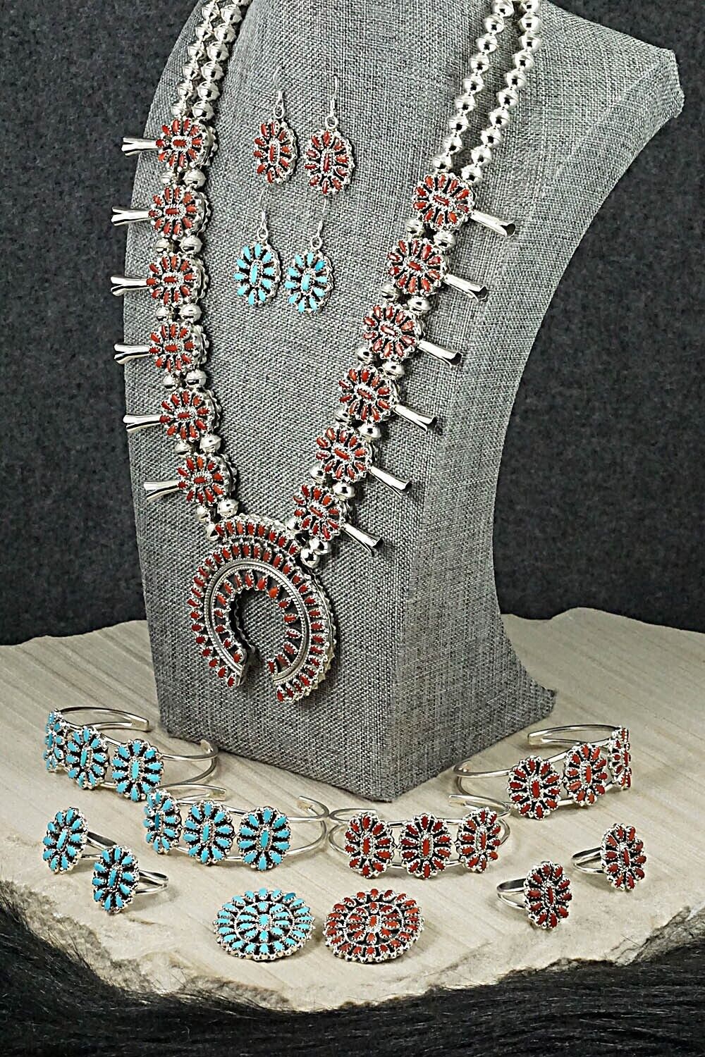 Turquoise, Coral & Sterling Silver Squash Blossom Set - Elton Jones