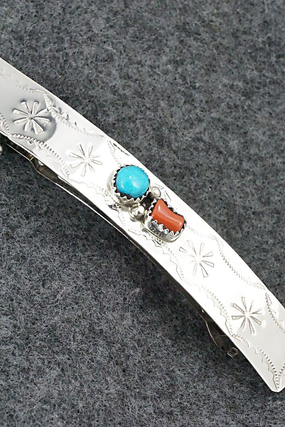 Turquoise, Coral & Sterling Silver Hair Barrette - Sally Arviso