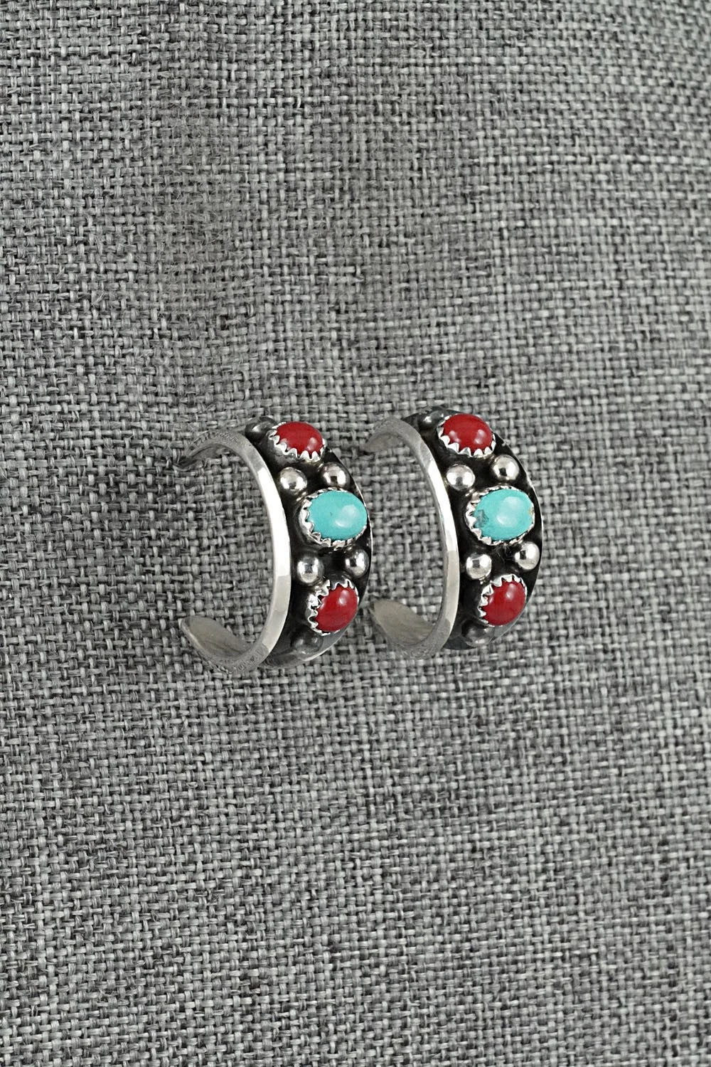 Coral, Turquoise & Sterling Silver Earrings - Paul Largo  Sterling Silver Turquoise & Red Coral Hoop Earrings | Thai Silver | 925 main image 0