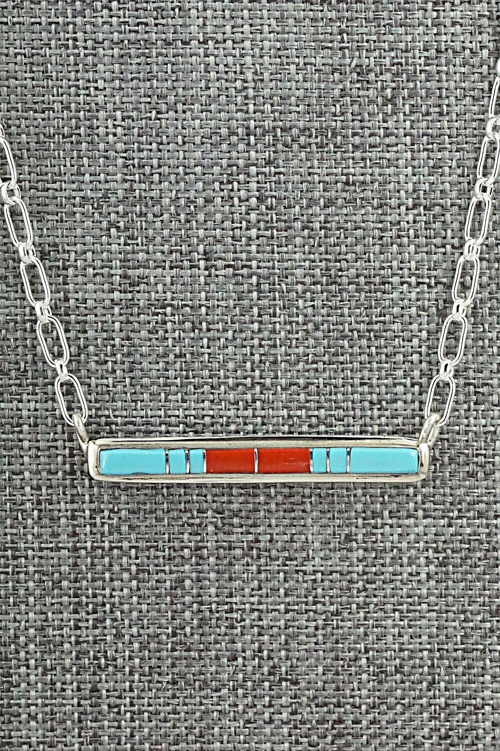 Turquoise, Coral & Sterling Silver Inlay Necklace - Roland Natachu