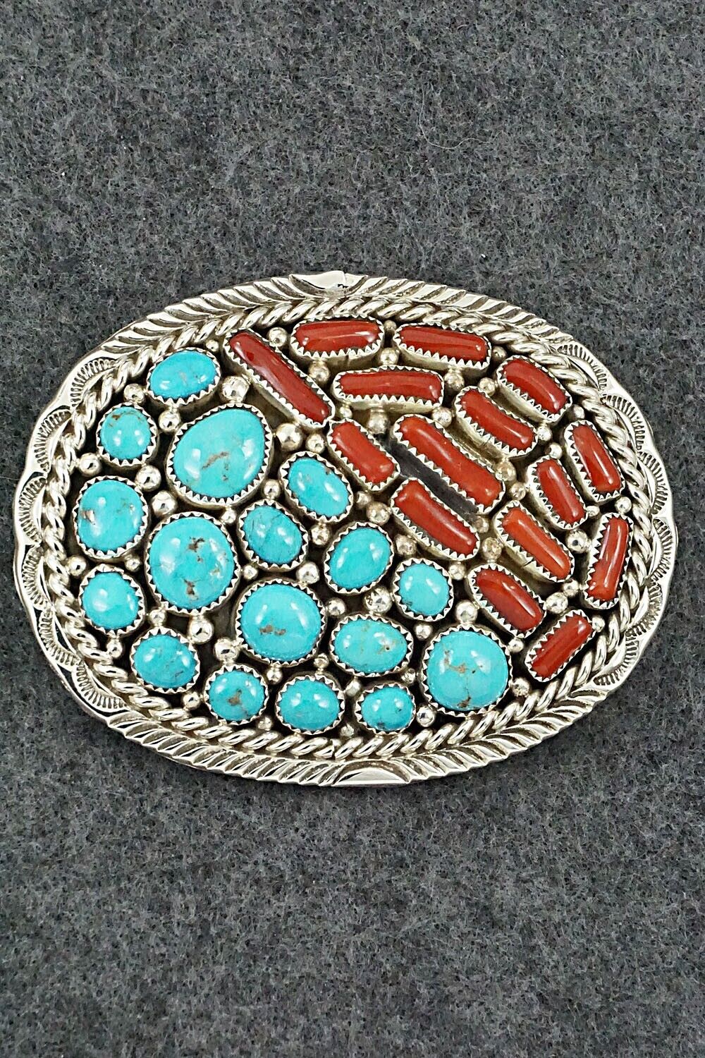 Turquoise, Coral & Sterling Silver Belt Buckle - Marlene Haley