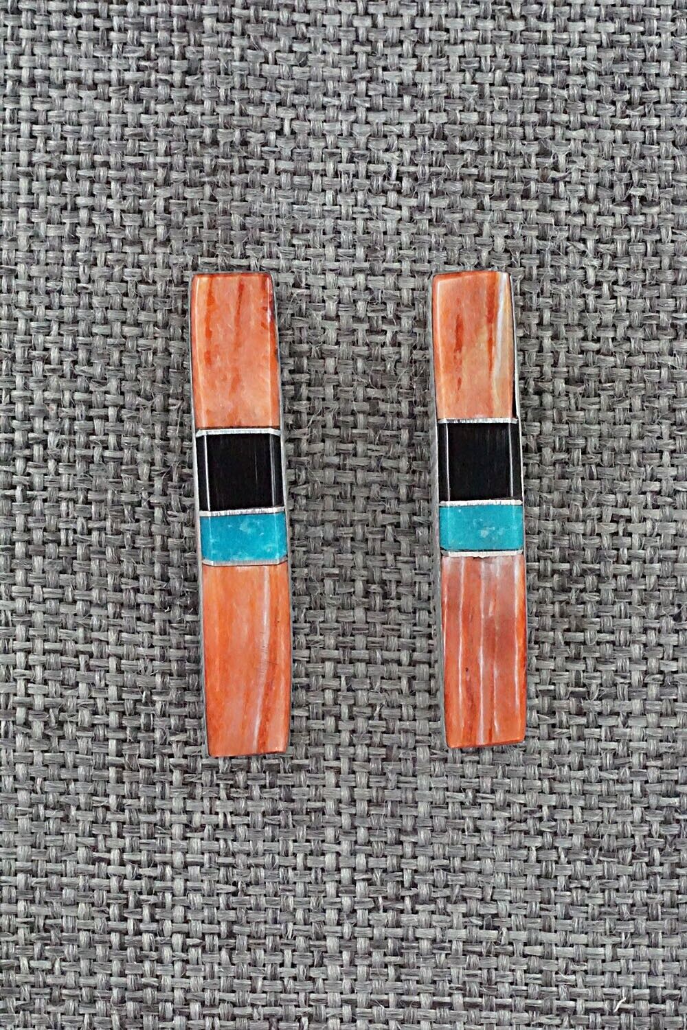 Spiny Oyster, Turquoise, Onyx & Sterling Silver Inlay Earrings - Marilyn Yazzie