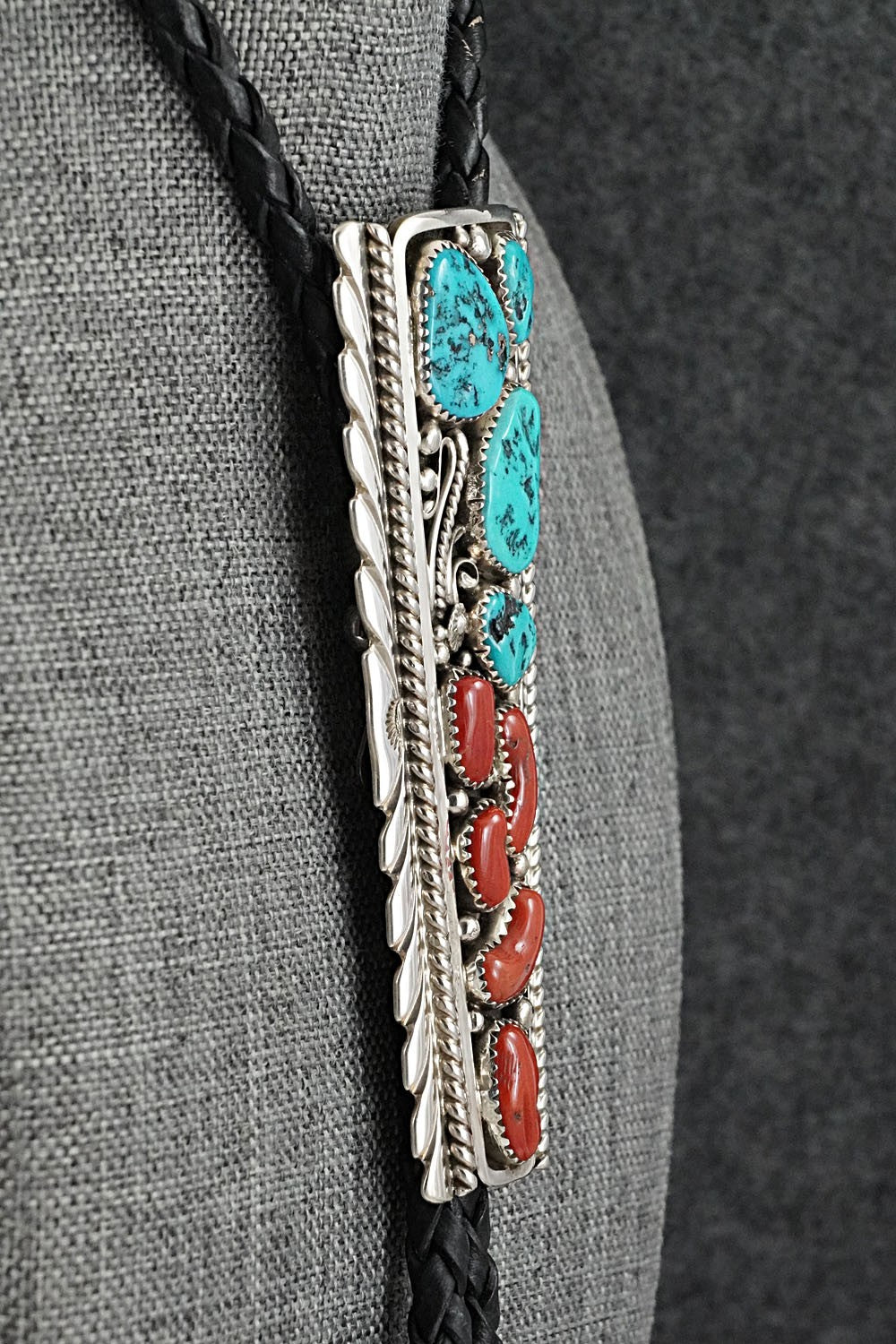 Turquoise, Coral & Sterling Silver Bolo Tie - Martin Muskett