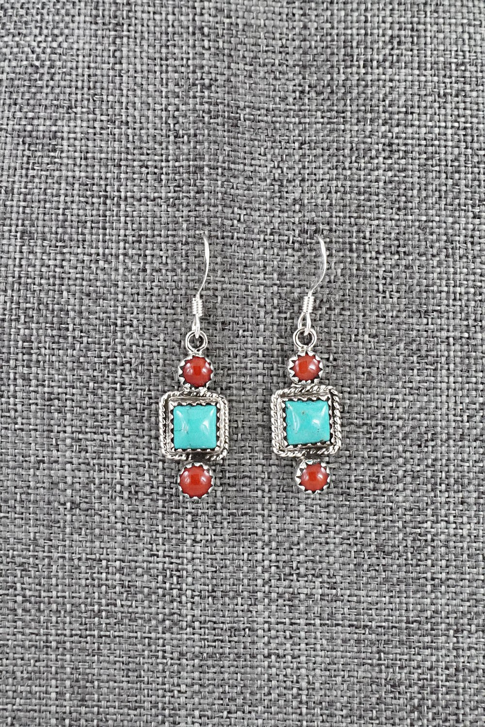Turquoise, Coral & Sterling Silver Earrings - Gary Shorty