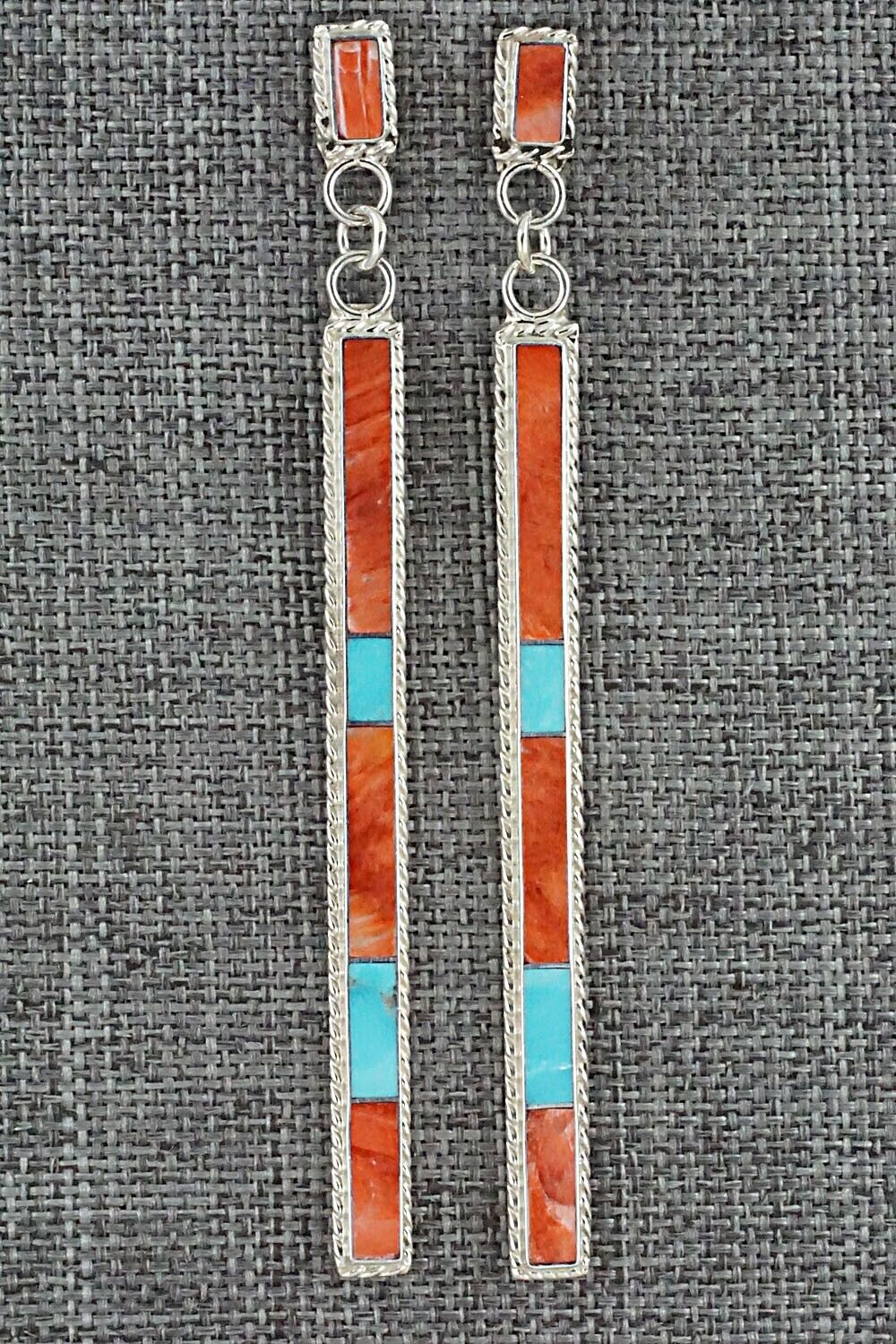 Turquoise, Spiny Oyster & Sterling Silver Inlay Earrings - Ricky Booqua