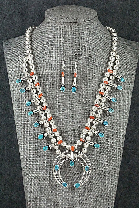 Turquoise, Coral & Sterling Silver Squash Blossom Set - Phil Garcia