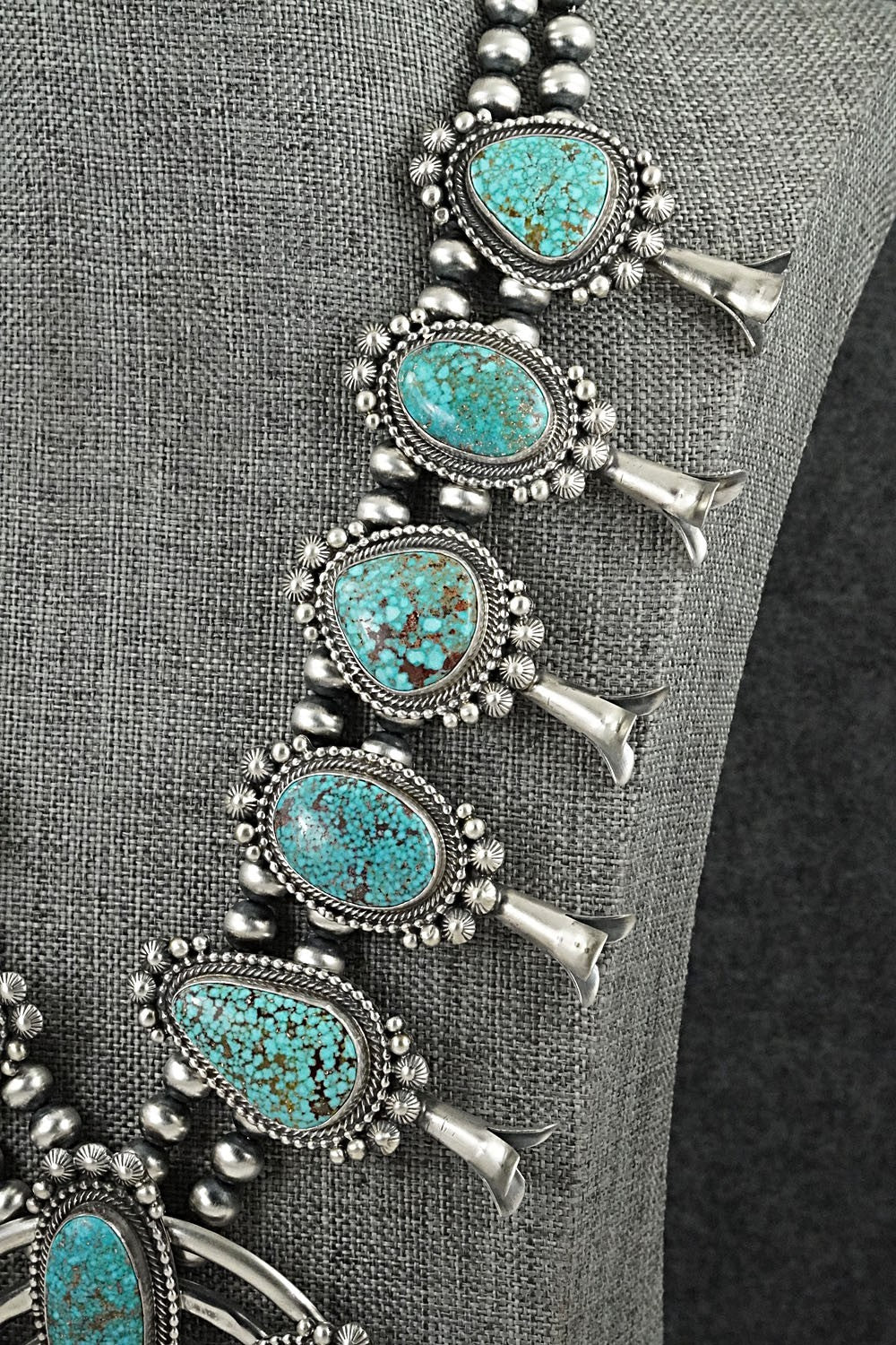 Turquoise & Sterling Silver Squash Blossom Necklace - Tom Lewis