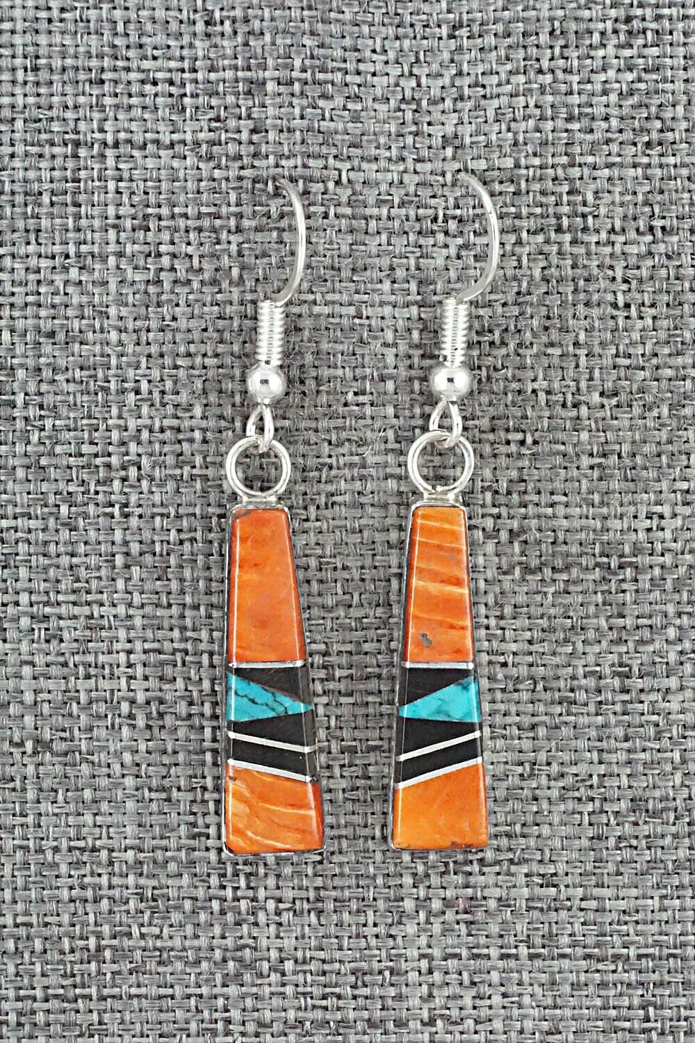 Spiny Oyster, Turquoise, Onyx & Sterling Silver Inlay Earrings - Priscella Smith