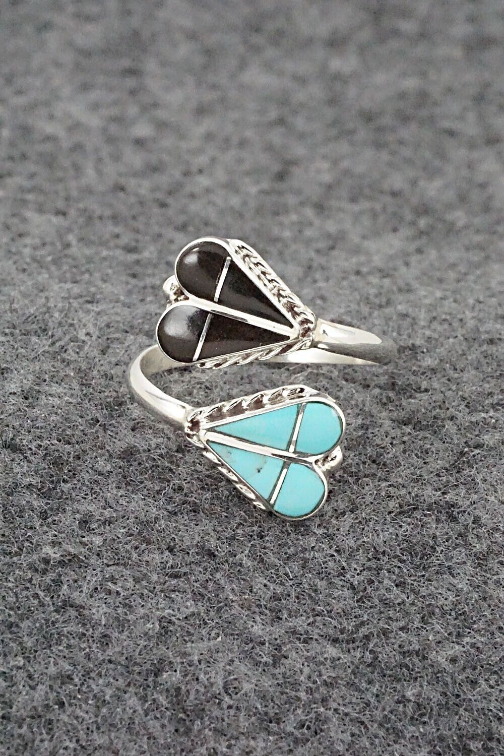 Turquoise, Onyx & Sterling Silver Ring - Velda Nastacio - Size 7.5 Adj.