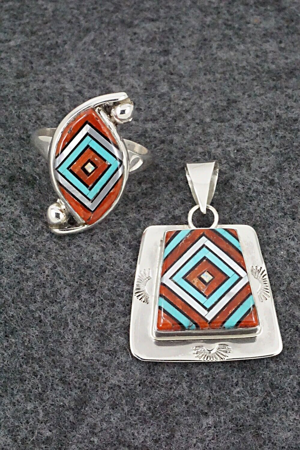 Multi Stone & Sterling Silver Inlay Ring and Pendant - Vernon Vacit