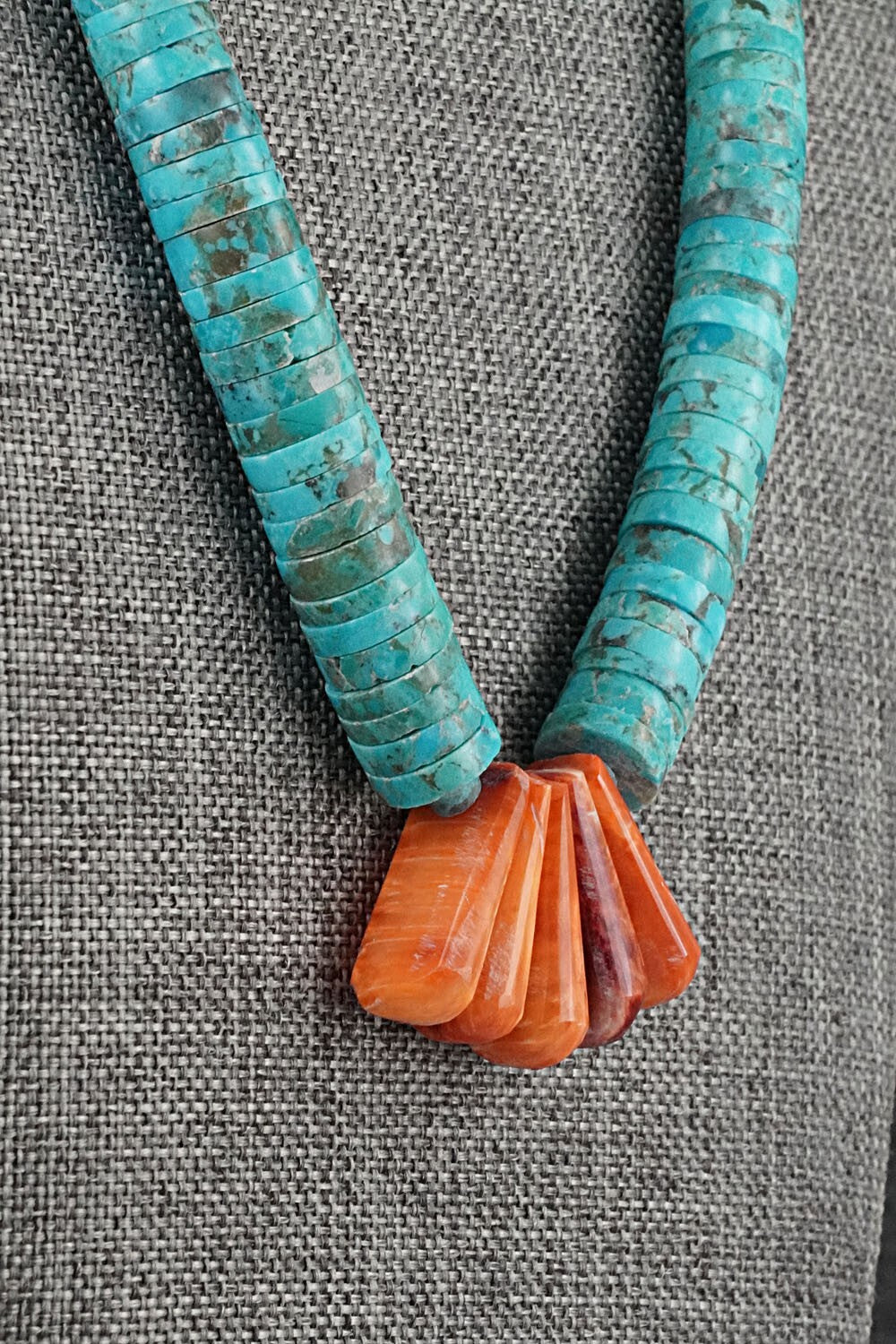 Turquoise, Spiny Oyster & Sterling Silver Necklace - Lupe Lovato