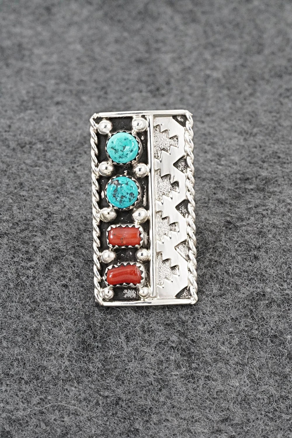 Turquoise, Coral & Sterling Silver Ring - Ronnie Spencer - Size 6.5