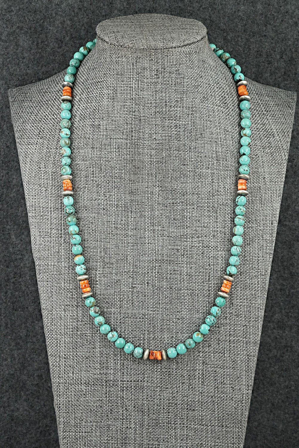 Turquoise, Spiny Oyster & Sterling Silver Necklace 20" - Doreen Jake
