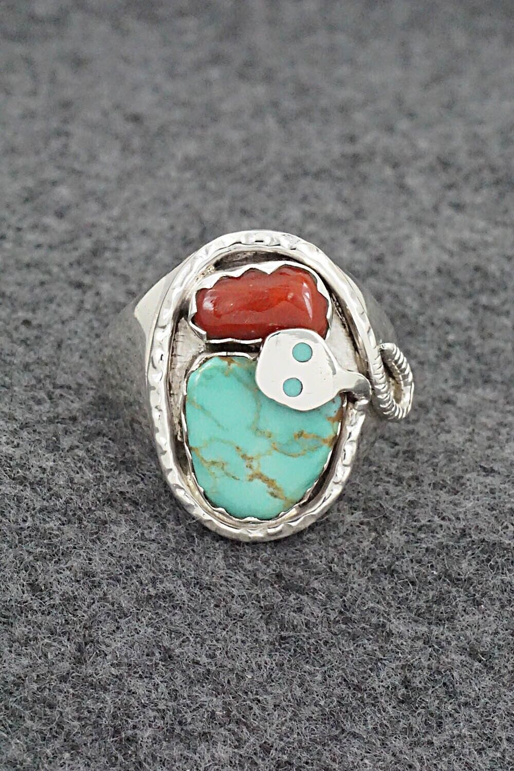 Turquoise, Coral & Sterling Silver Ring - Joy Calavaza - Size 10.5