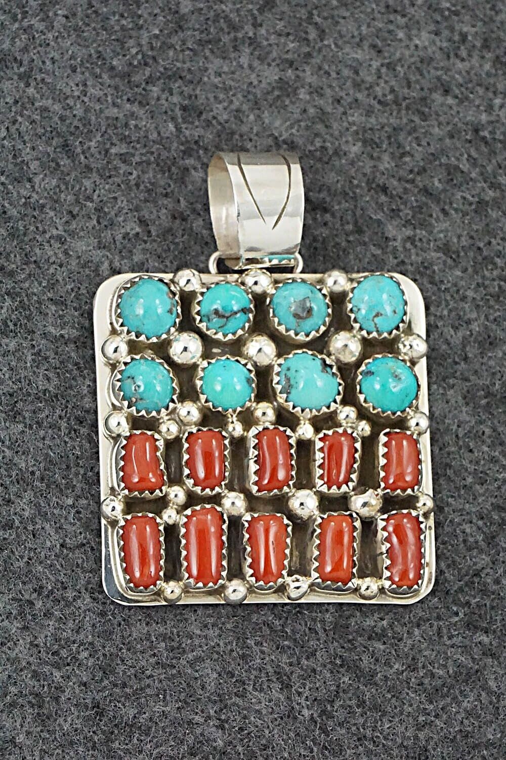Turquoise, Coral & Sterling Silver Pendant - Darlene Begay