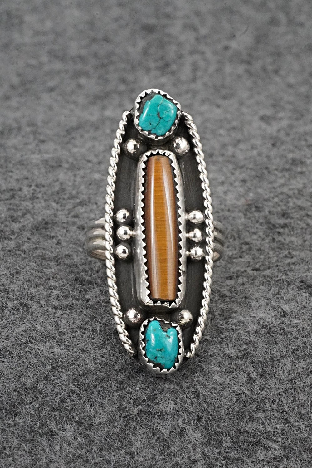 Turquoise, Tiger's Eye & Sterling Silver Ring - Priscilla Reeder - Size 8.5