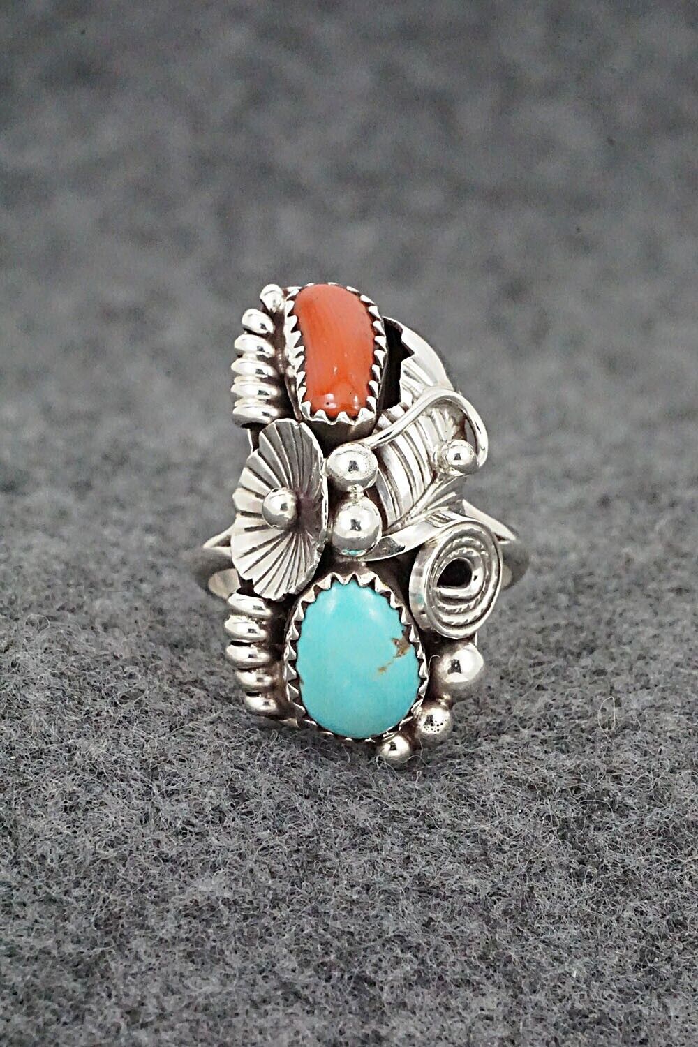 Turquoise, Coral & Sterling Silver Ring - Max Calladitto - Size 7.25