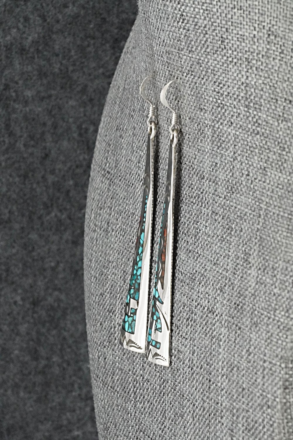 Turquoise, Coral Chip & Sterling Silver Earrings - Joleen Yazzie