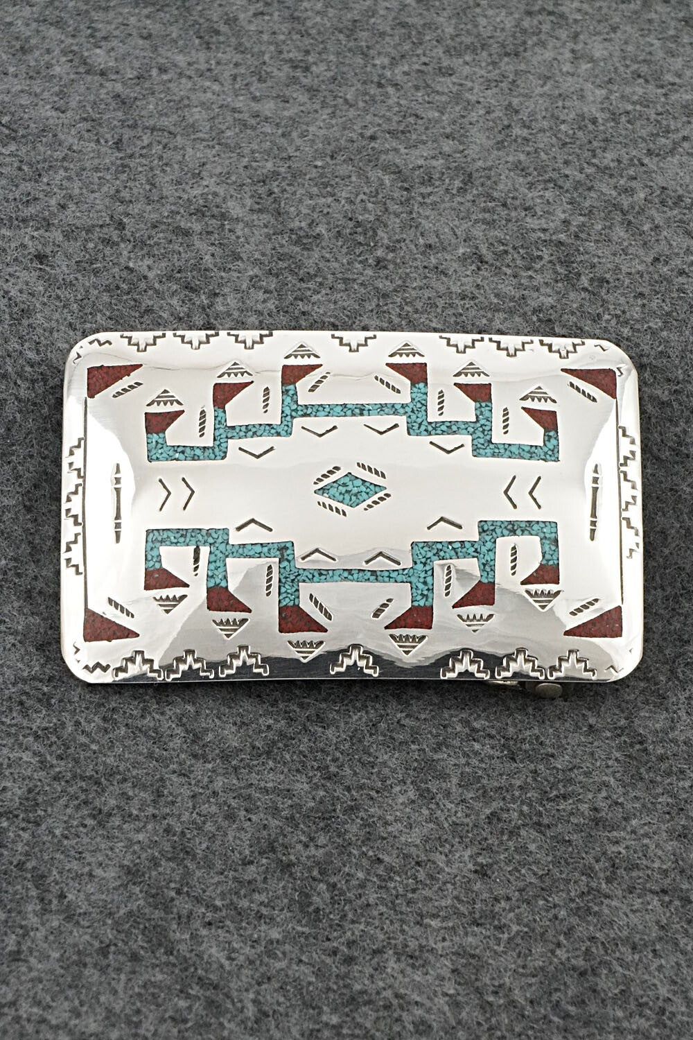 Turquoise, Coral Chip Inlay & Sterling Silver Belt Buckle - Raymond Begay