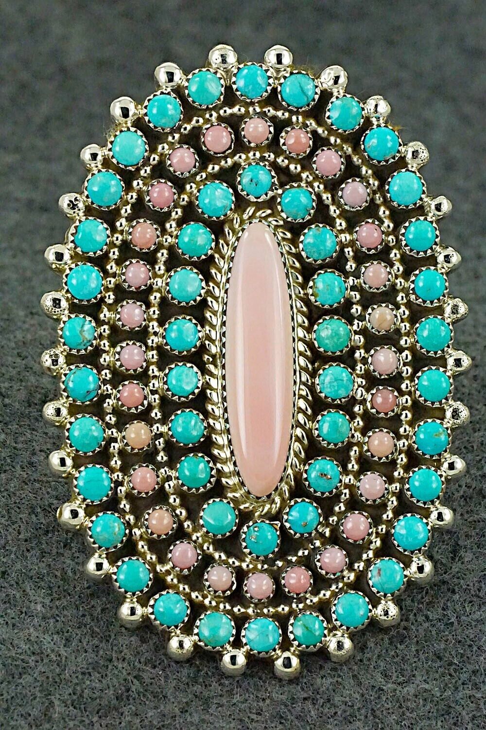 Pink Conch Shell, Turquoise & Sterling Silver Ring - Tina Jones - Size 9 (Adj)