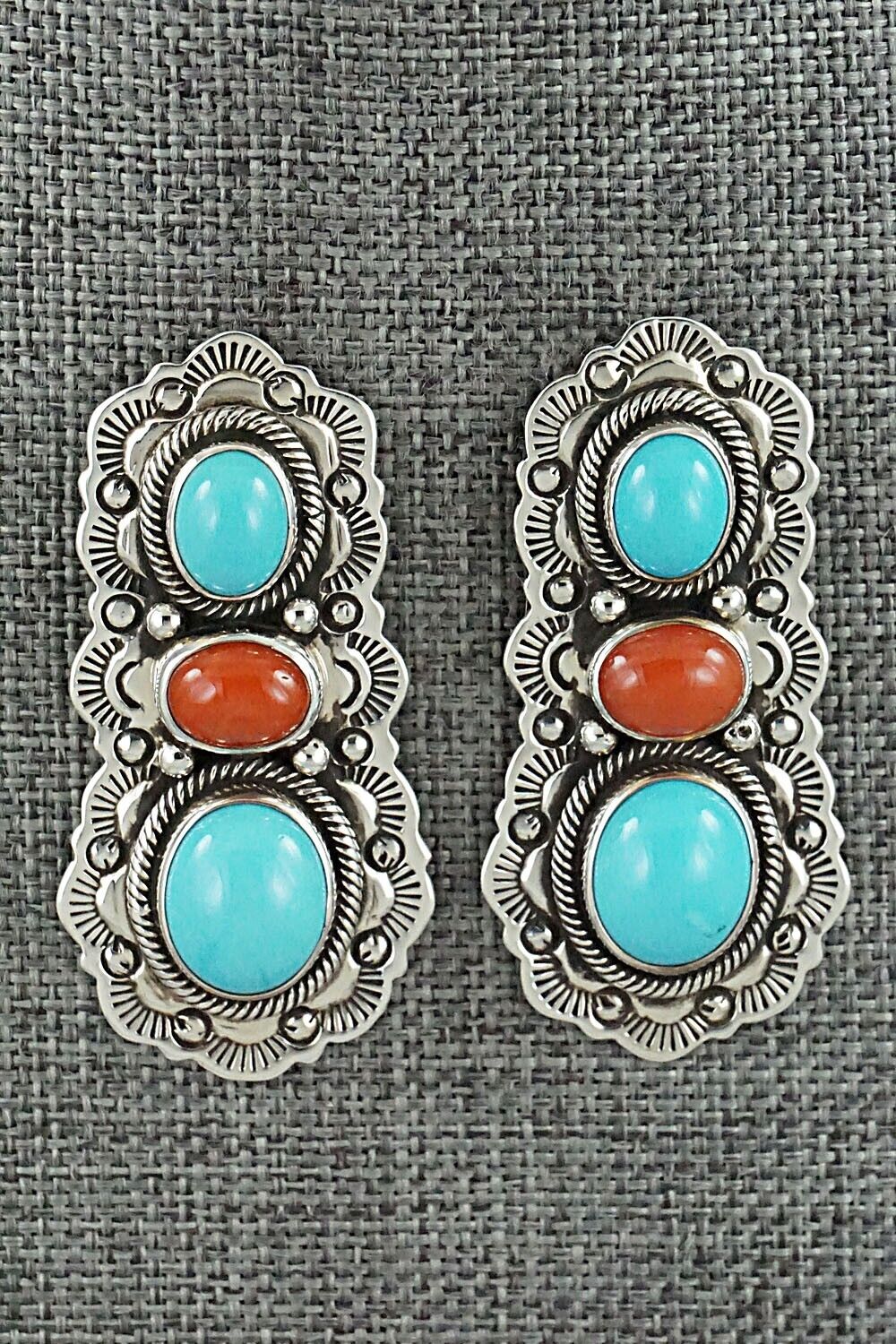 Turquoise, Coral & Sterling Silver Earrings - Bernyse Chavez