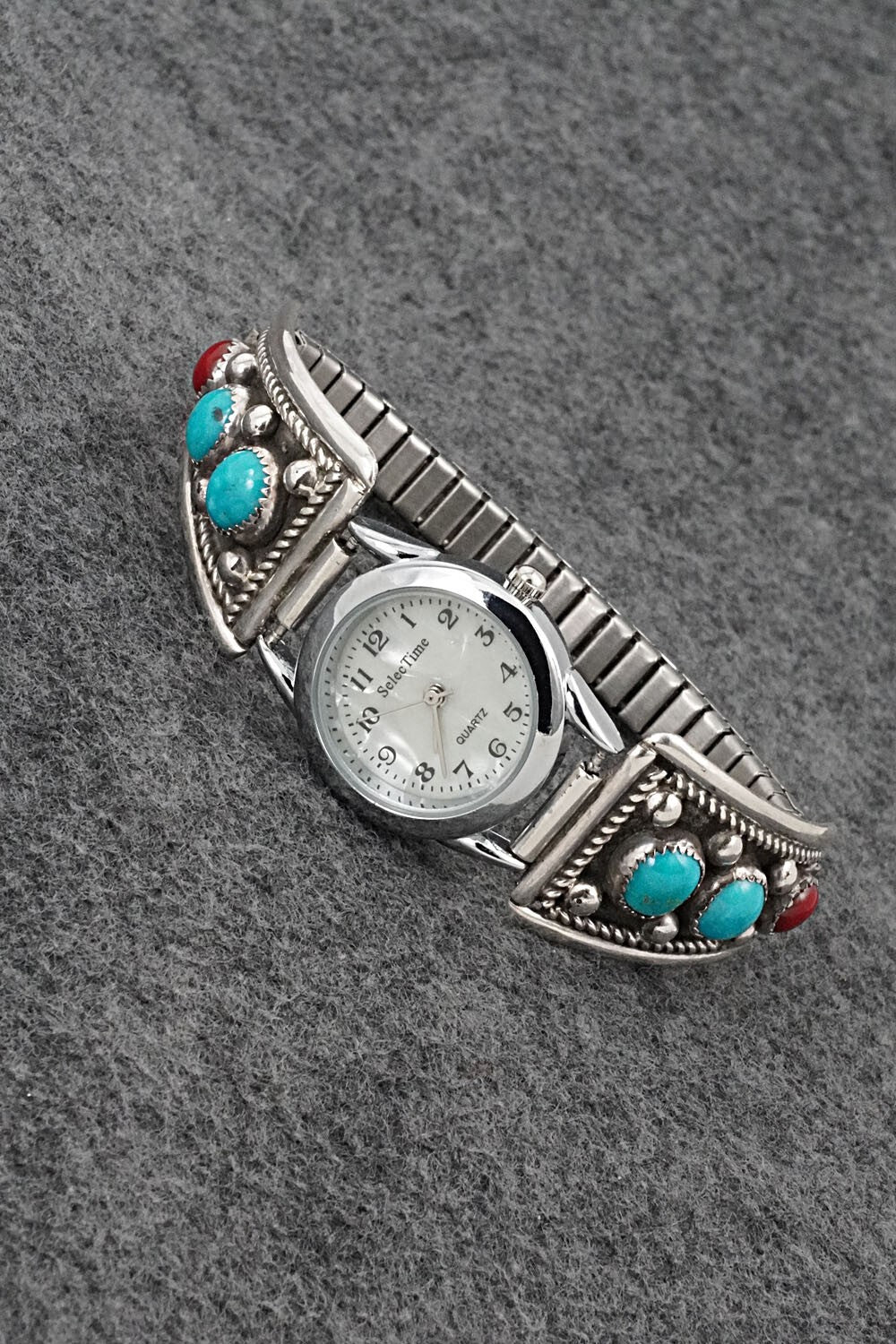 Turquoise, Coral & Sterling Silver Watch Bracelet - Paul Largo