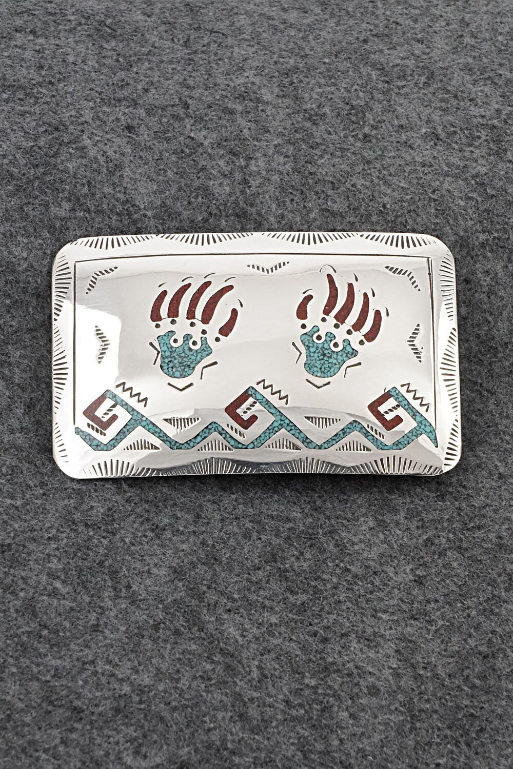 Turquoise, Coral Chip Inlay & Sterling Silver Belt Buckle - Raymond Begay