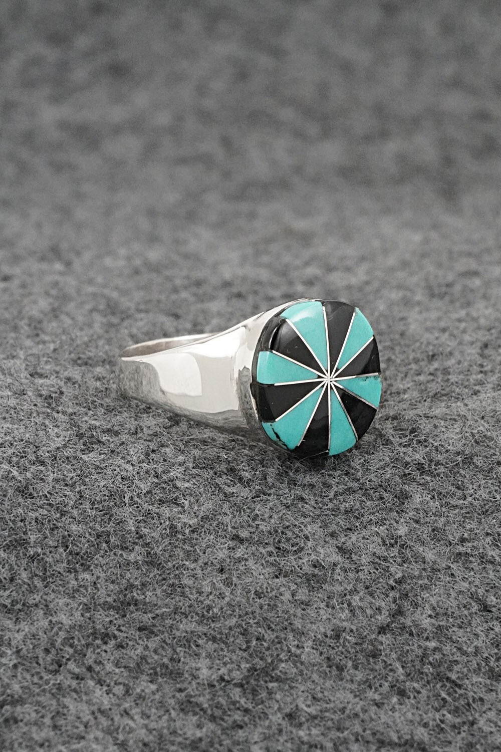 Turquoise, Onyx & Sterling Silver Inlay Ring - Johnson Laweka - Size 8