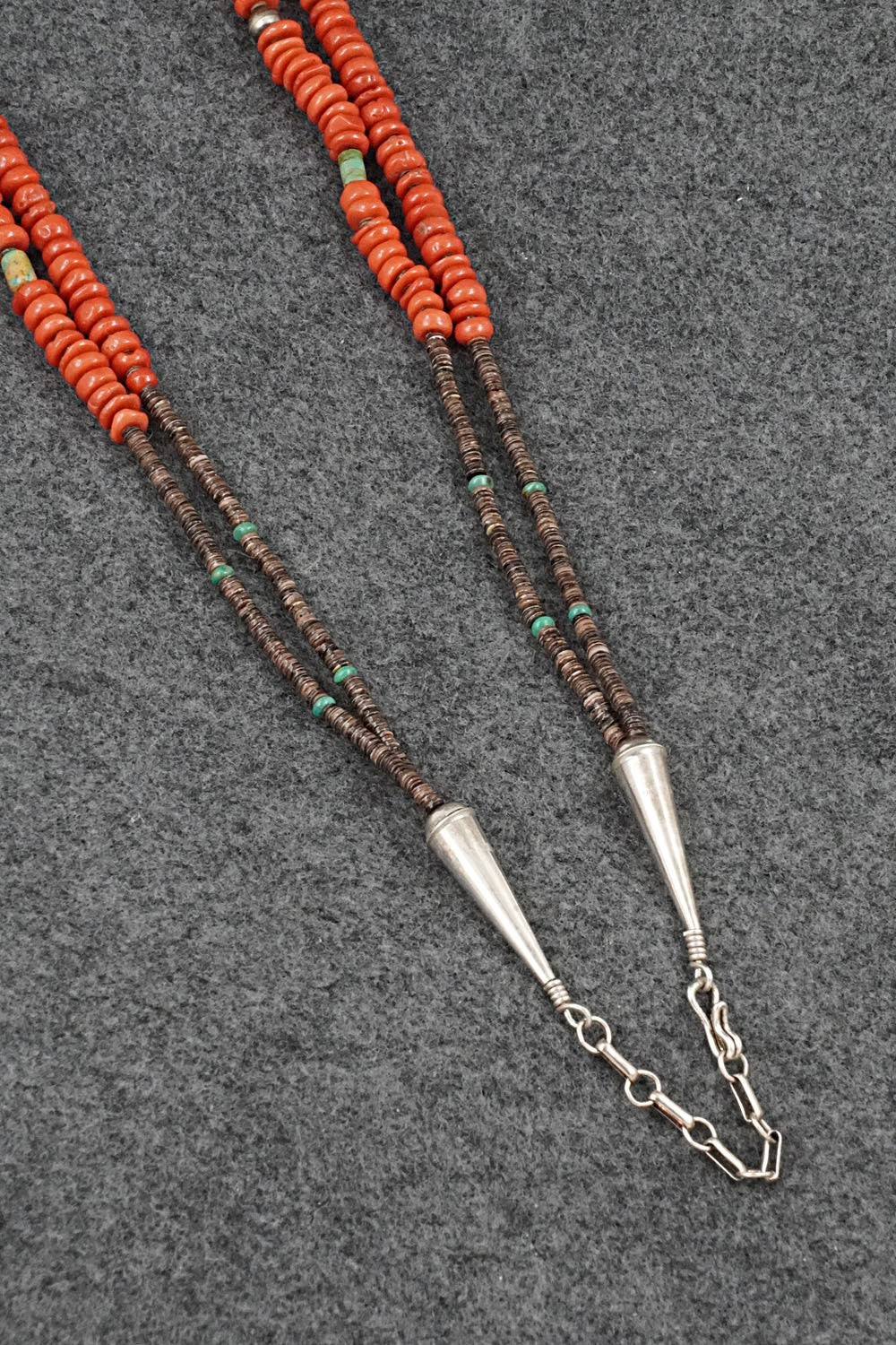 Coral, Turquoise & Sterling Silver Necklace 36" - Helen Tsosie
