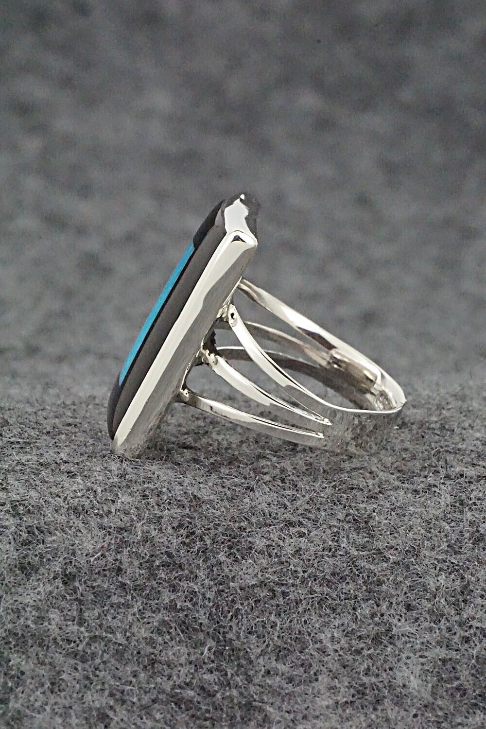 Turquoise, Onyx & Sterling Silver Ring - Harlan Coonsis - Size 6.75