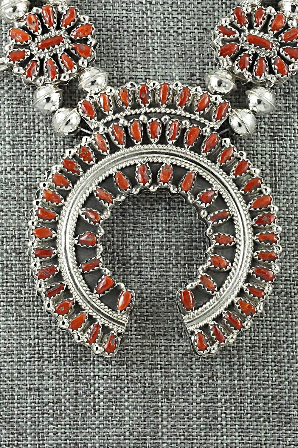 Turquoise, Coral & Sterling Silver Squash Blossom Set - Elton Jones