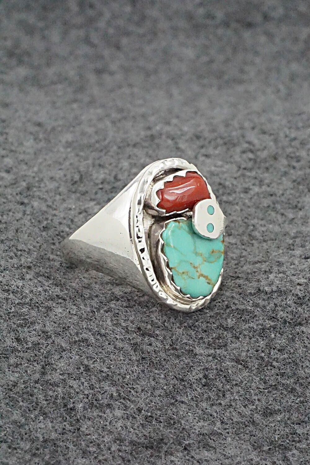 Turquoise, Coral & Sterling Silver Ring - Joy Calavaza - Size 10.5