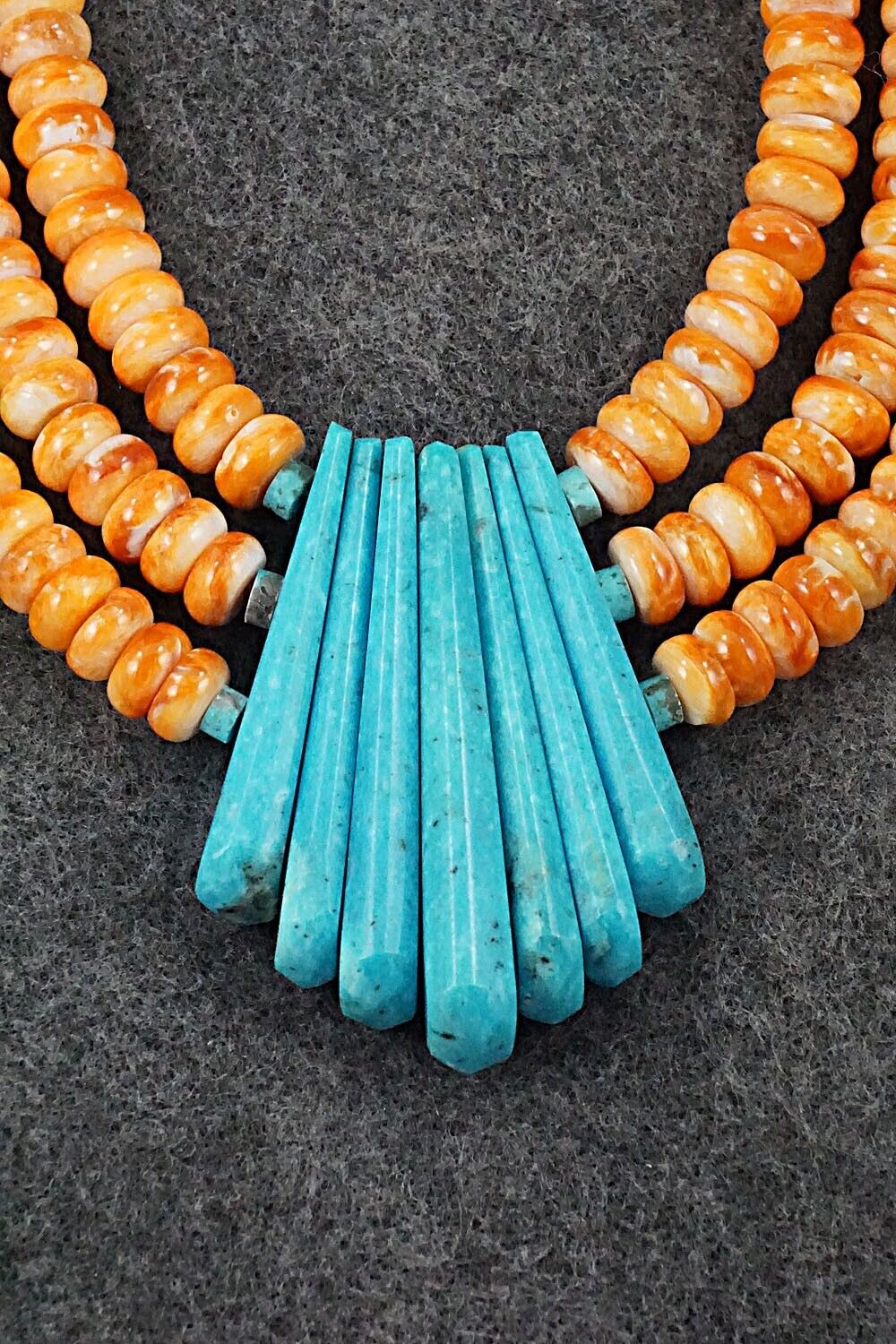 Turquoise, Spiny Oyster and Sterling Silver Necklace - Lupe Lovato