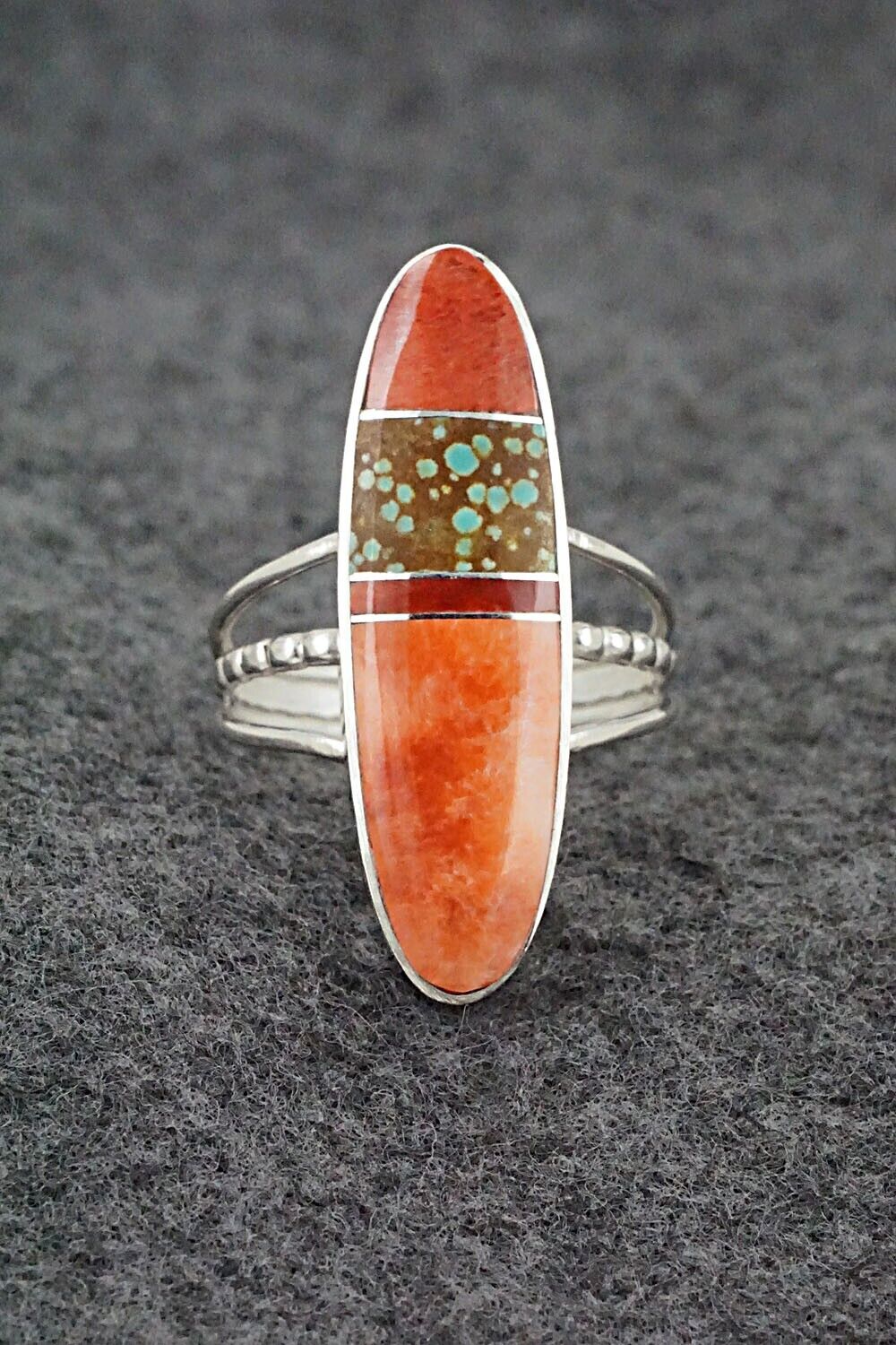 Spiny Oyster, Turquoise, Coral & Sterling Silver Ring - Harold Smith - Size 9