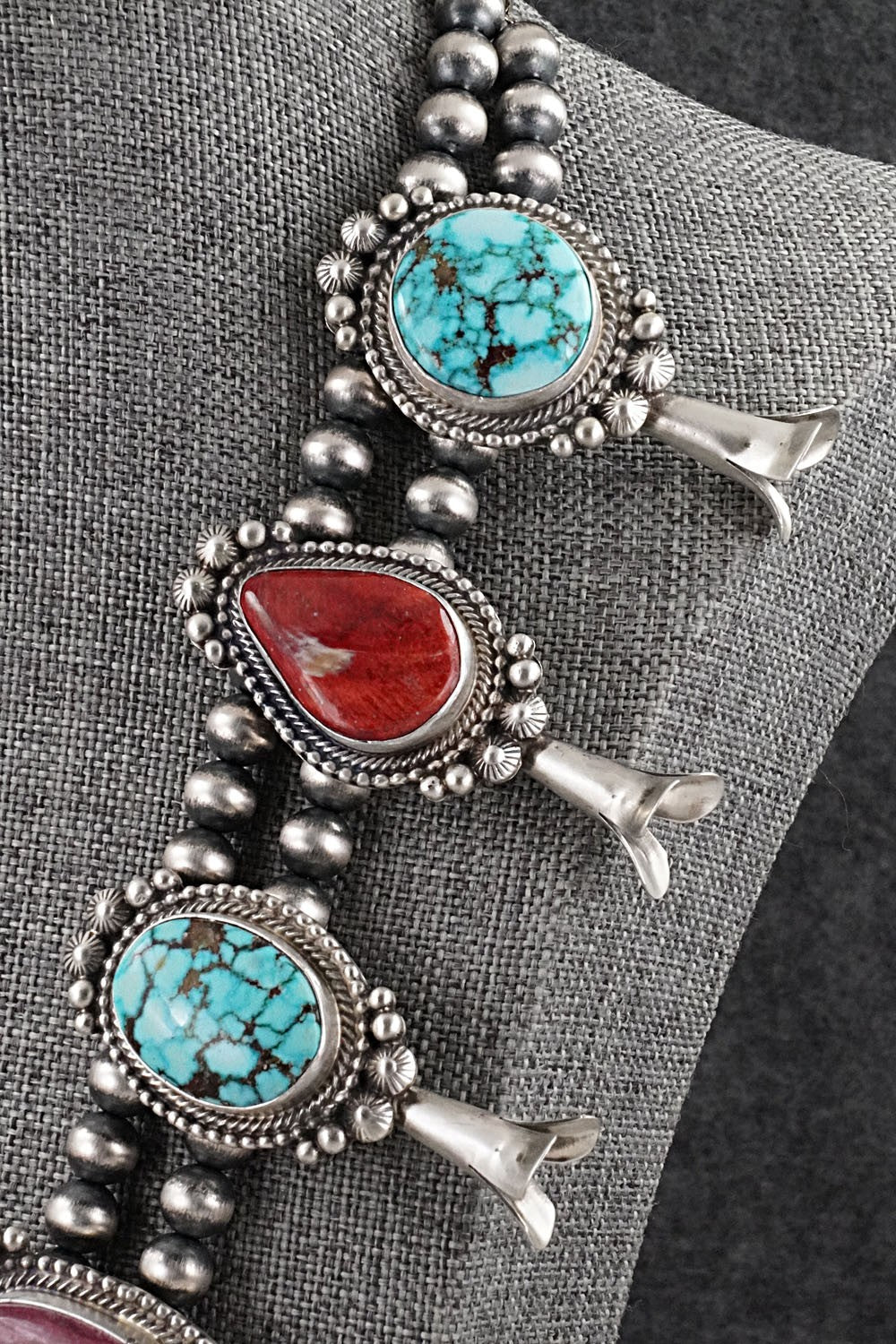 Turquoise, Spiny Oyster & Sterling Silver Squash Blossom Necklace - Tom Lewis