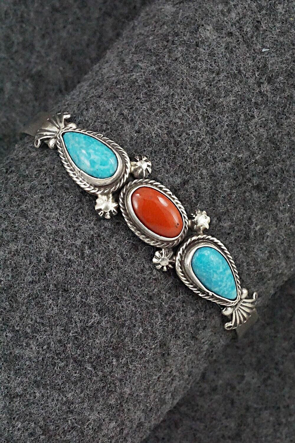 Turquoise, Coral & Sterling Silver Bracelet - Bobby Platero