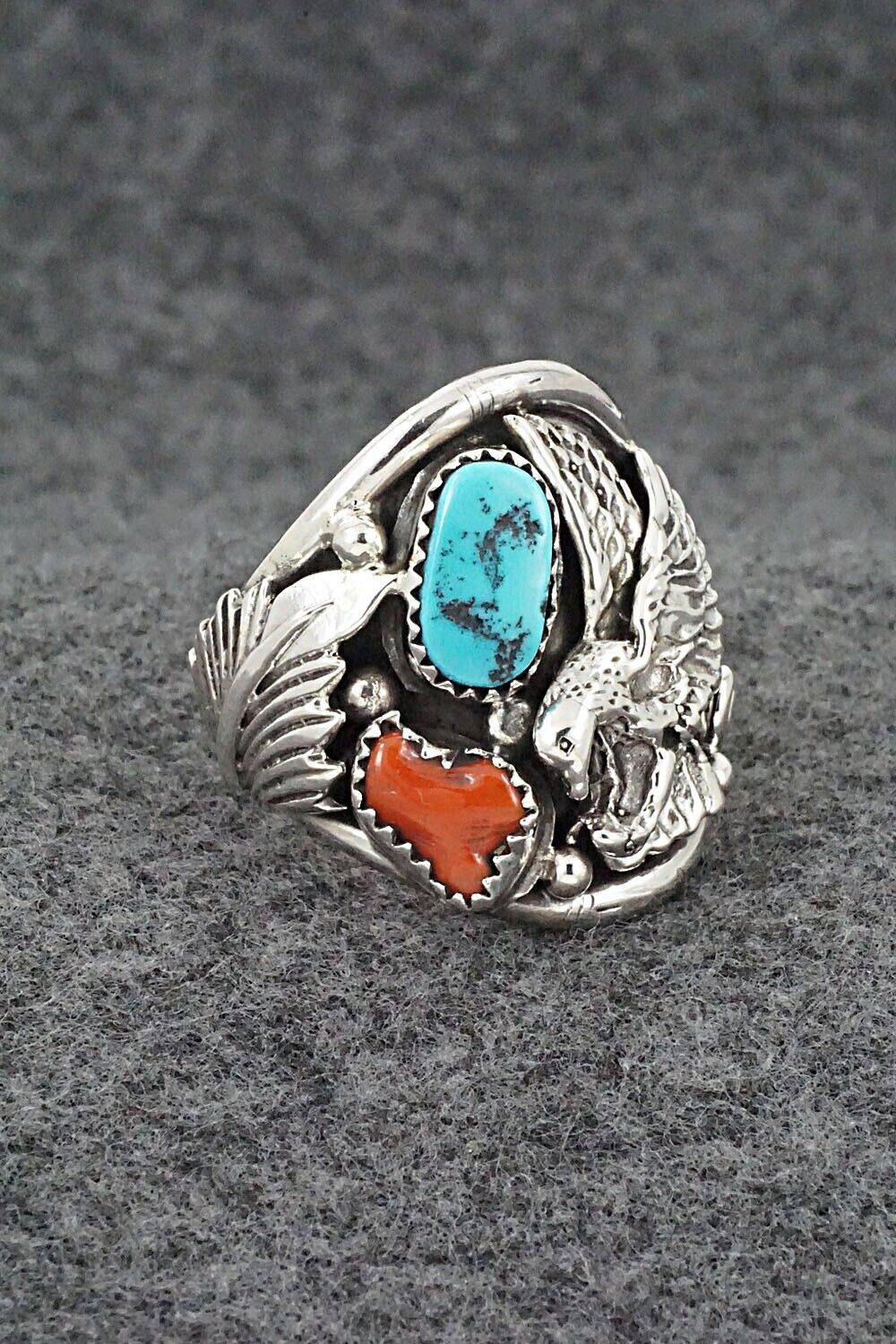 Turquoise, Coral & Sterling Silver Ring - Jeannette Saunders - Size 11.75