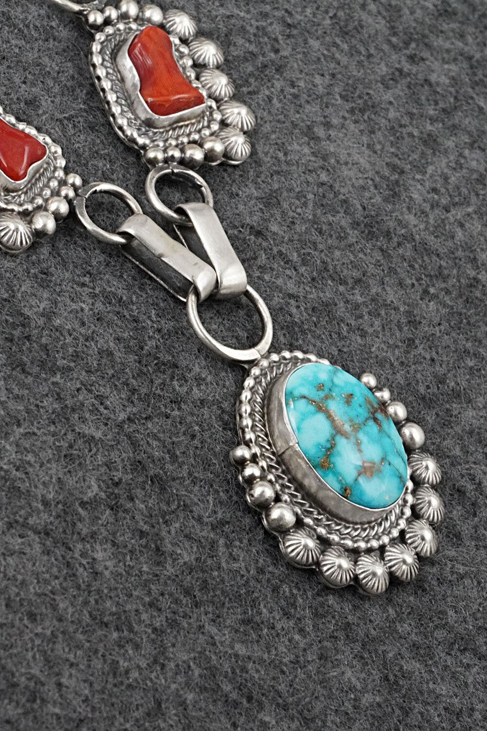 Turquoise, Coral & Sterling Silver Necklace and Earrings Set - Tom Lewis