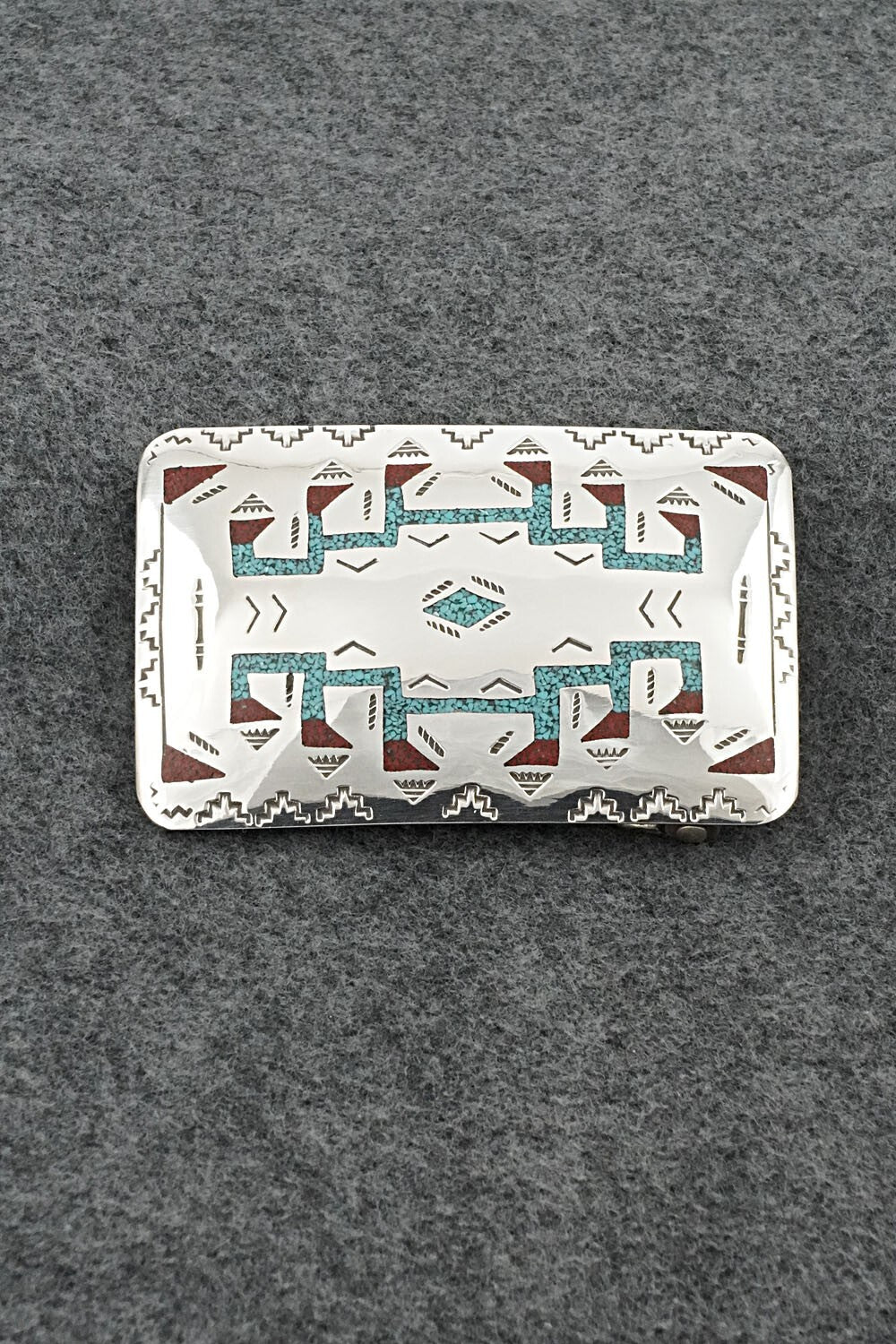 Turquoise, Coral Chip Inlay & Sterling Silver Belt Buckle - Raymond Begay